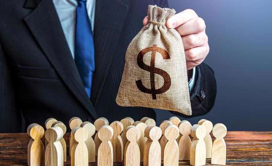 Businessman offering a bag of money to a group of people, symbolizing financial incentives.