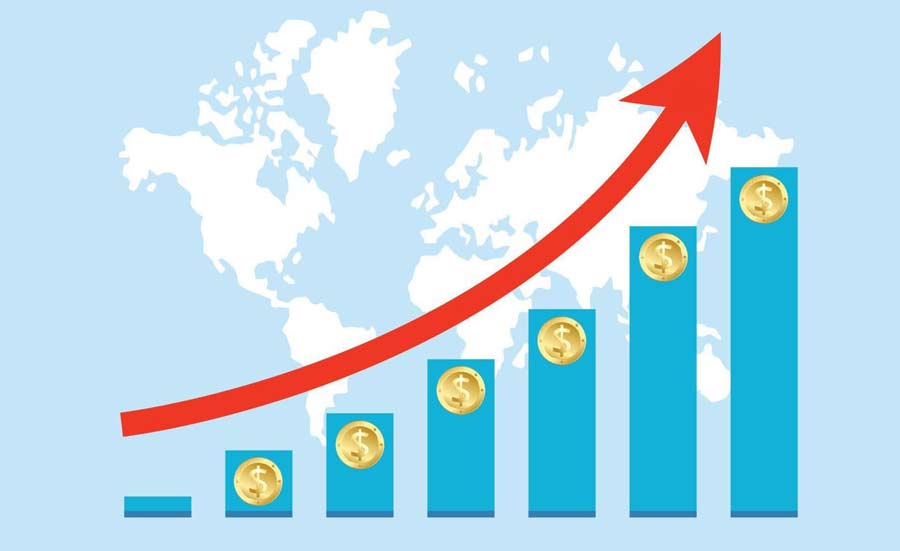 Graph with rising arrows and coins, indicating economic growth and investment returns.