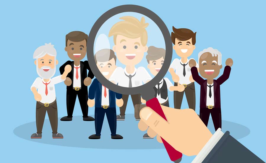 Illustrated scene of diverse employees being selected by a magnifying glass, symbolizing talent acquisition.